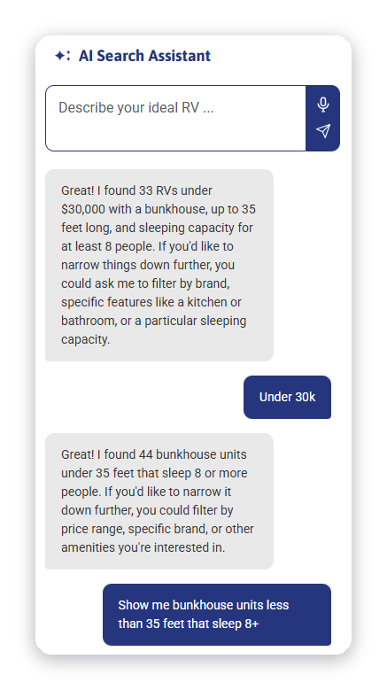 nteractRV AI Search Assistant interface. A shopper types a plain-language RV search and the assistant returns matching units, then narrows to bunkhouse units under 35 feet that sleep eight or more.